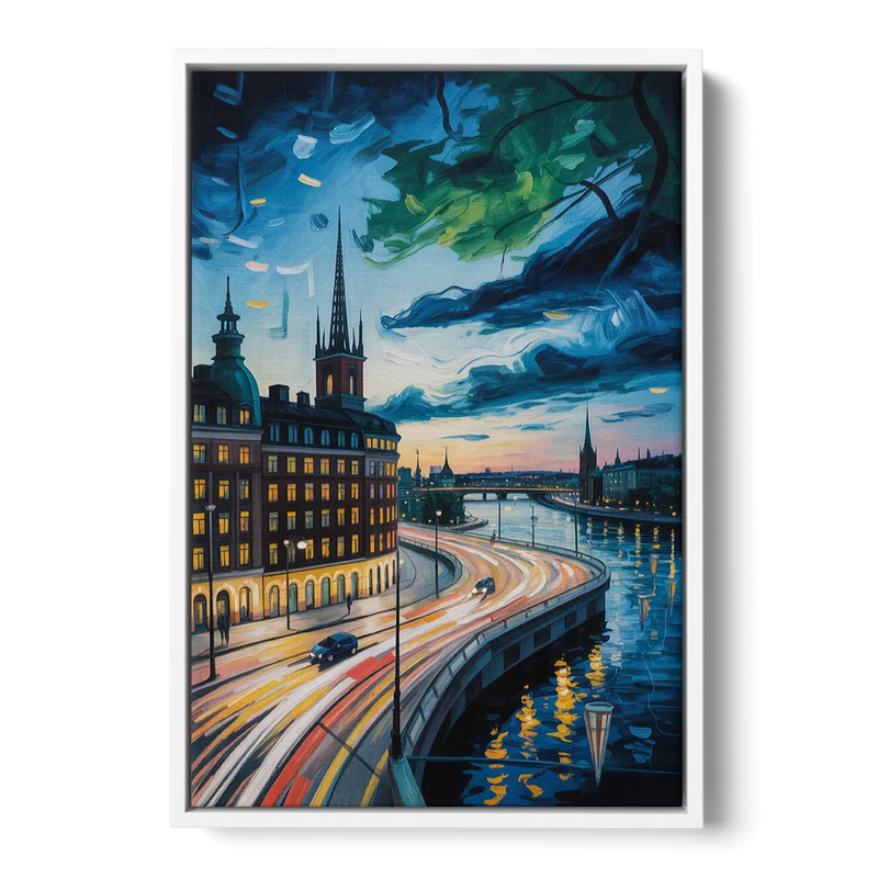 Norrmalm Nights Front - White Canvas Wall Art