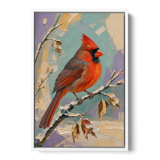 Northern Cardinal on a Snowy Branch - White Framed Canvas Wall Art - Front