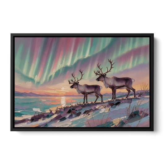 Northern Lights Reindeer on the Ridge for the Living Room - Black Framed Canvas Wall Art - Front