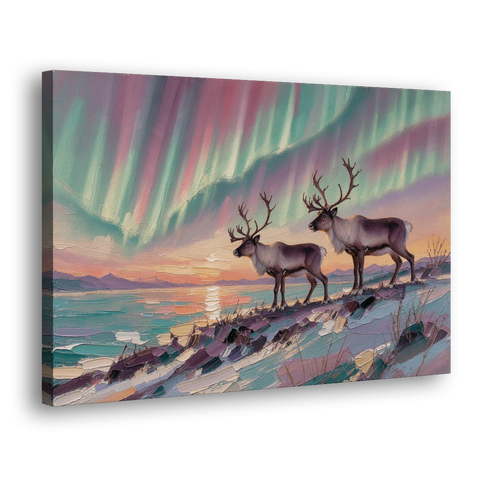 Northern Lights Reindeer on the Ridge for the Living Room - Canvas Wall Art - Side
