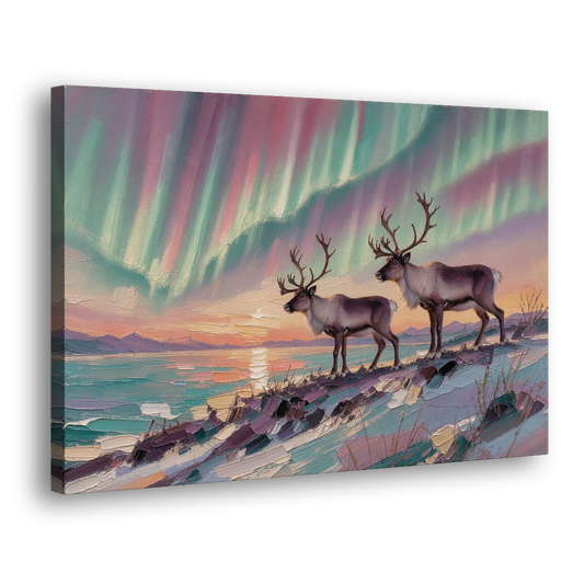 Northern Lights Reindeer on the Ridge - Canvas Wall Art - Side