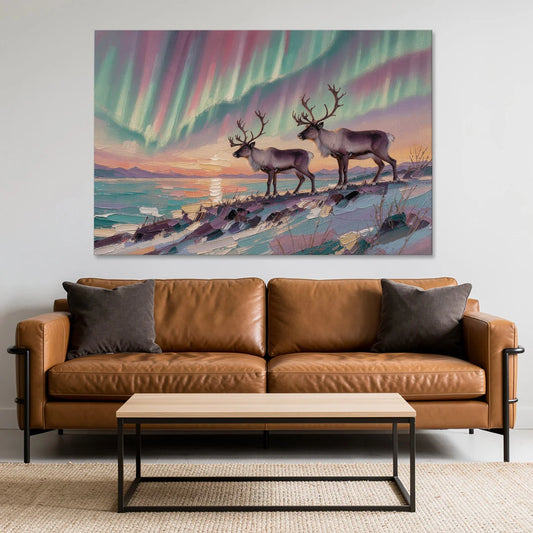 Northern Lights Reindeer on the Ridge for the Living Room - Canvas Wall Art - Sofa - 60x40