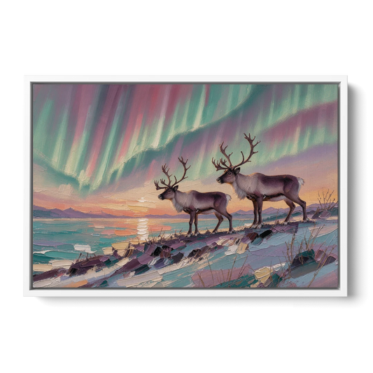 Northern Lights Reindeer on the Ridge for the Living Room - White Framed Canvas Wall Art - Front