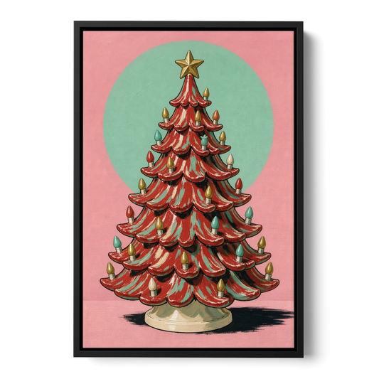 Nostalgic Christmas Wall Art with a Ceramic Tree - Black Framed Canvas Wall Art - Front