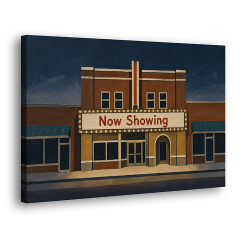 Now Showing Small Town Movie Theater at Dusk - Canvas Wall Art - Side