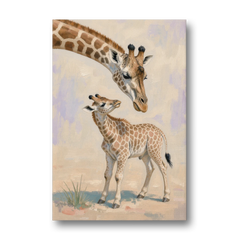 Nursery Animal Giraffe Mother Bending to Her Calf - Canvas Wall Art - Front