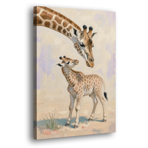 Nursery Animal Giraffe Mother Bending to Her Calf - Canvas Wall Art - Side
