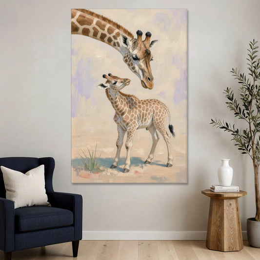 Nursery Animal Giraffe Mother Bending to Her Calf - Canvas Wall Art - Sofa - 40x60