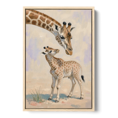 Nursery Animal Giraffe Mother Bending to Her Calf - Oak Framed Canvas Wall Art - Front