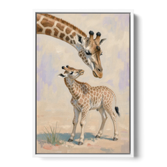 Nursery Animal Giraffe Mother Bending to Her Calf - White Framed Canvas Wall Art - Front