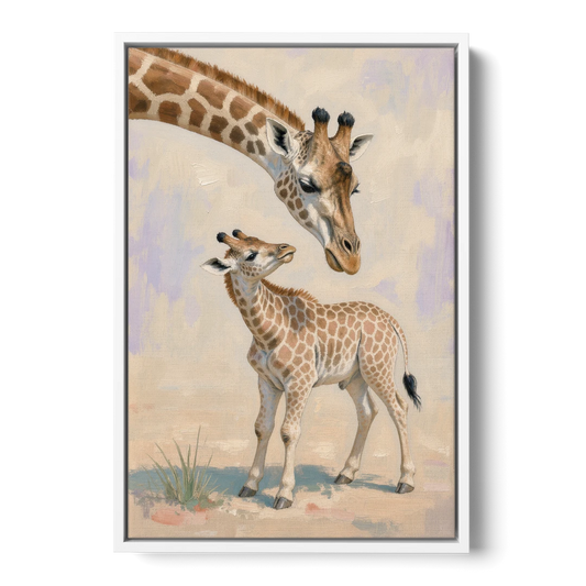 Nursery Animal Giraffe Mother Bending to Her Calf - White Framed Canvas Wall Art - Front