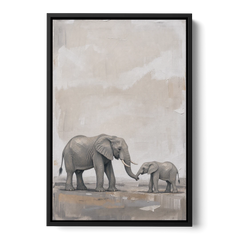 Nursery Wall Decor Above Crib with Elephant Trunks Touching - Black Framed Canvas Wall Art - Front