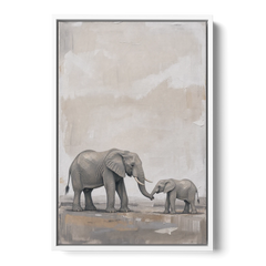 Nursery Wall Decor Above Crib with Elephant Trunks Touching - White Framed Canvas Wall Art - Front