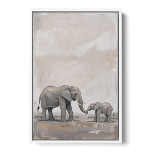 Nursery Wall Decor Above Crib with Elephant Trunks Touching - White Framed Canvas Wall Art - Front