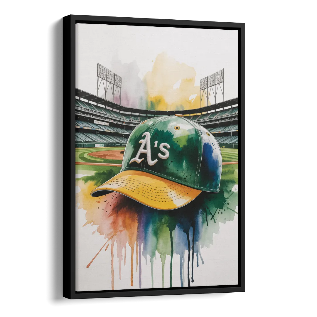 Oakland Athletics A Watercolor Tribute to Baseball Legacy Side - Black Canvas Wall Art