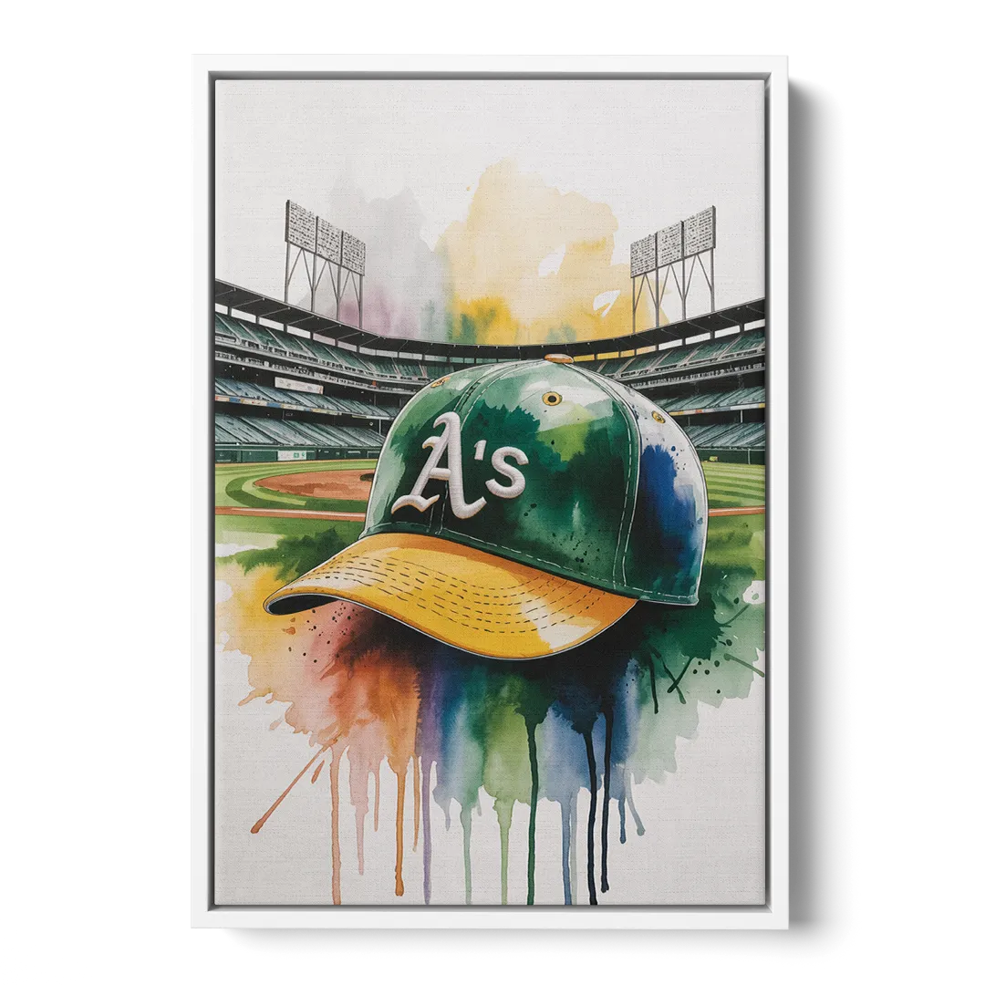 Oakland Athletics A Watercolor Tribute to Baseball Legacy - White Frame Canvas
