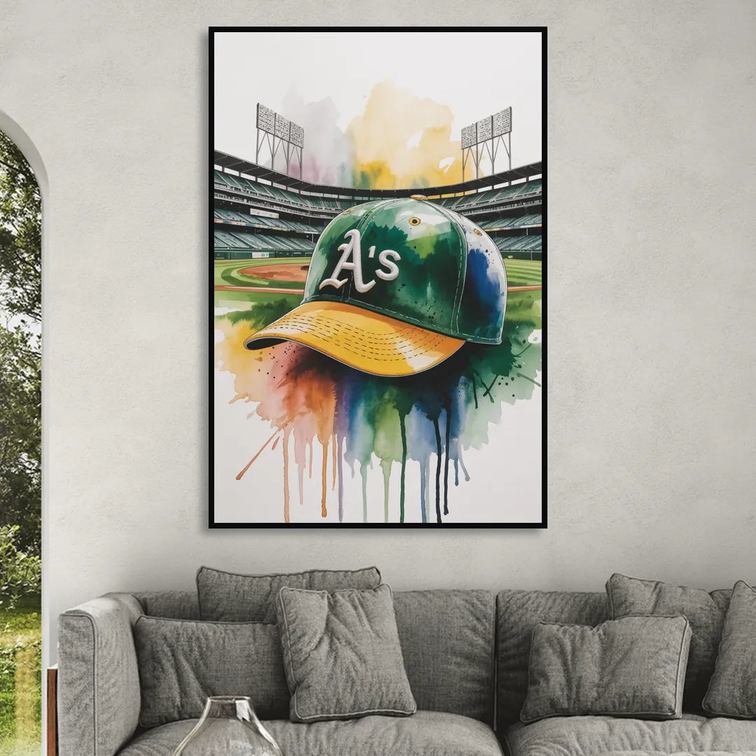 Oakland Athletics A Watercolor Tribute to Baseball Legacy Living Room - Black Canvas Wall Art