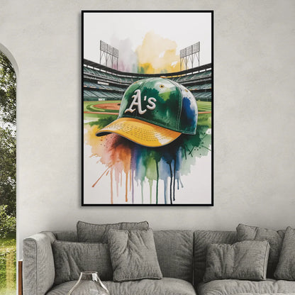 Oakland Athletics A Watercolor Tribute to Baseball Legacy Living Room - Black Canvas Wall Art