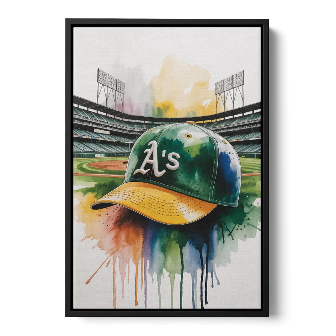 Oakland Athletics A Watercolor Tribute to Baseball Legacy Front - Black Canvas Wall Art