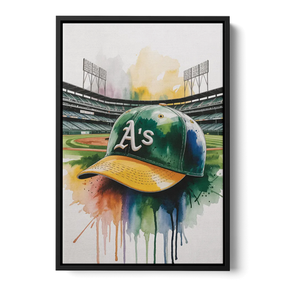 Oakland Athletics A Watercolor Tribute to Baseball Legacy Front - Black Canvas Wall Art