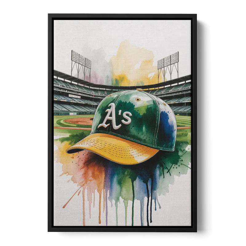 Oakland Athletics A Watercolor Tribute to Baseball Legacy Front - Black Canvas Wall Art