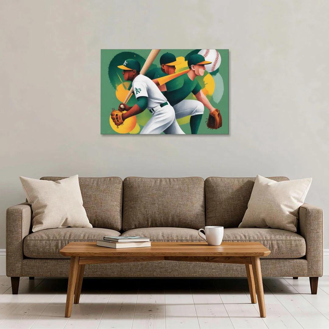 Oakland Athletics Abstract Baseball Energy - Canvas Wall Art - Sofa - 36x24