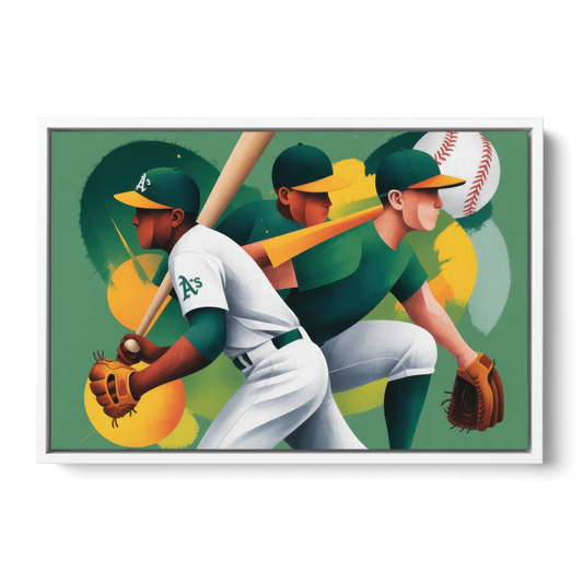 Oakland Athletics Abstract Baseball Energy - White Framed Canvas Wall Art - Front