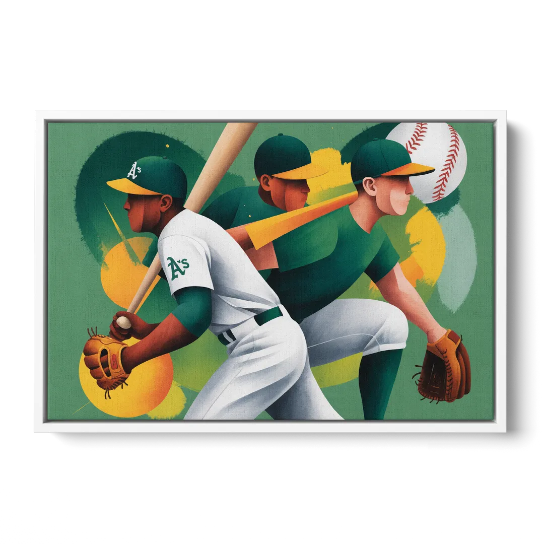 Oakland Athletics Abstract Baseball Energy - White Frame Canvas