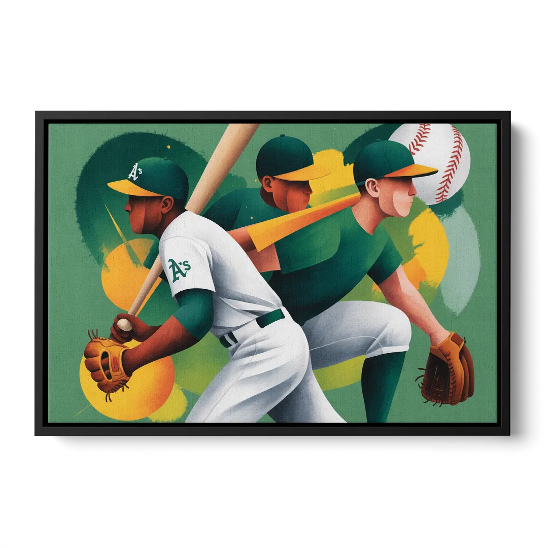 Oakland Athletics Abstract Baseball Energy - Black Frame Canvas