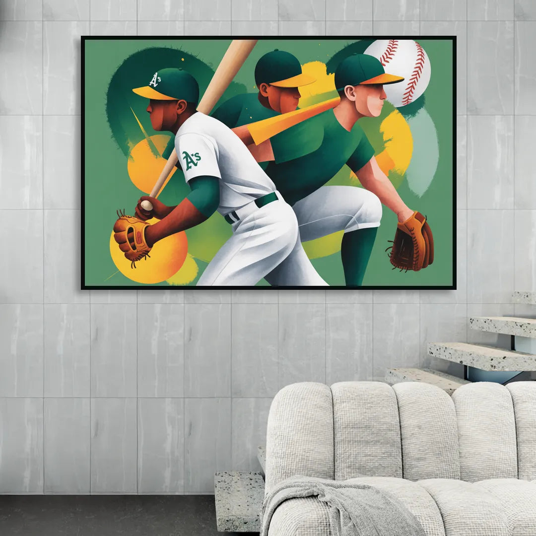 Oakland Athletics Abstract Baseball Energy Living Room - Black Canvas Wall Art
