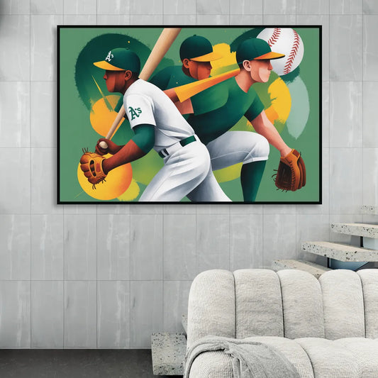 Oakland Athletics Abstract Baseball Energy Living Room - Black Canvas Wall Art