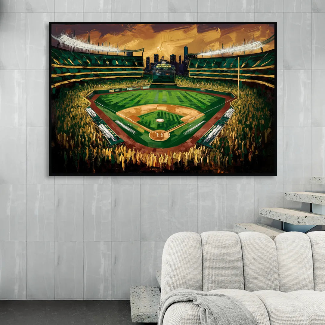 Oakland Athletics Stadium Living Room - Black Canvas Wall Art