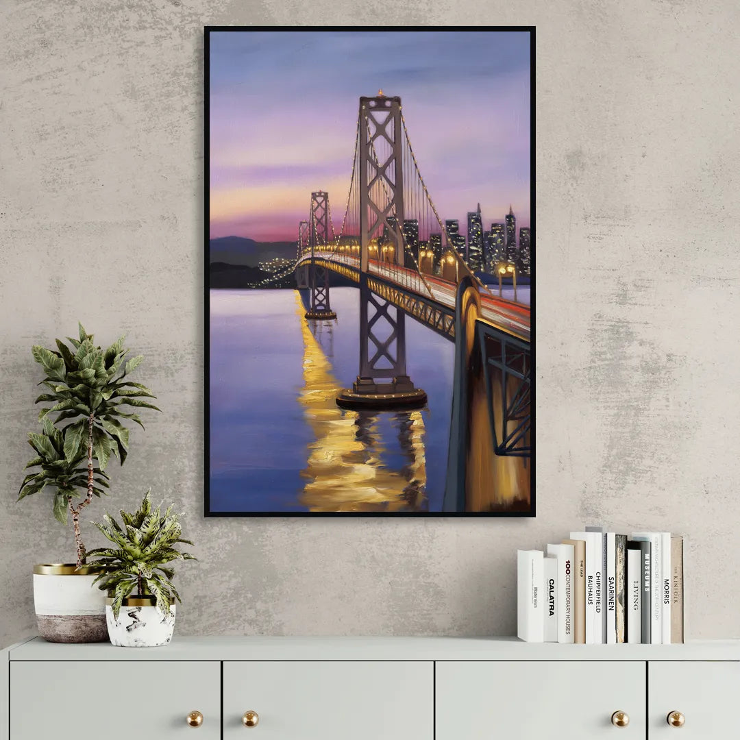 Oakland Bay Bridge View Living Room - Black Canvas Wall Art