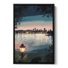 Oakland Lake Merritt Reflection - Black Framed Canvas Wall Art - Front