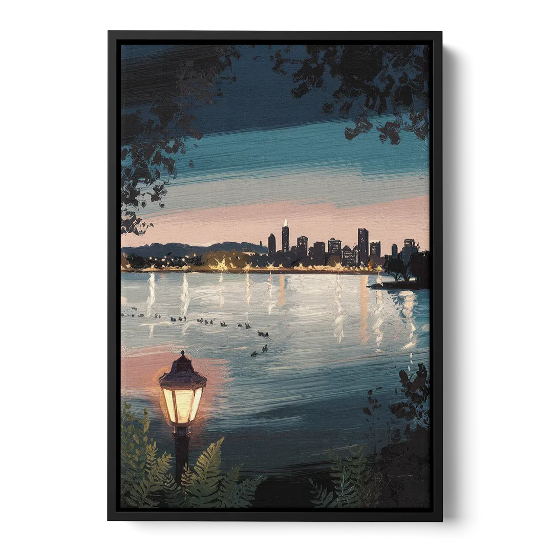 Oakland Lake Merritt Reflection Front - Black Canvas Wall Art
