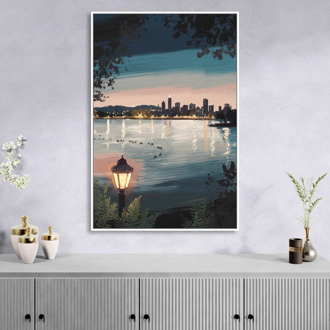 Oakland Lake Merritt Reflection Sitting Room - White Canvas Wall Art
