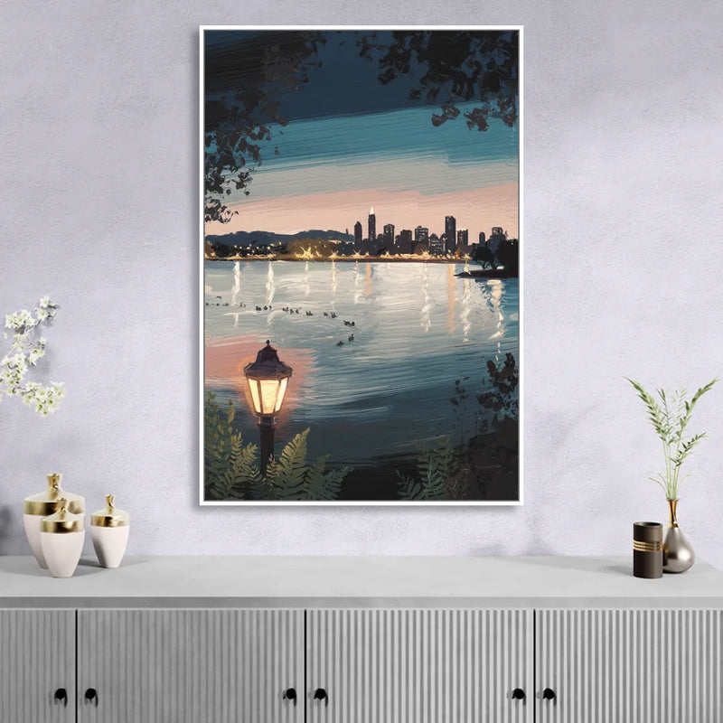 Oakland Lake Merritt Reflection Sitting Room - White Canvas Wall Art