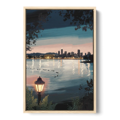 Oakland Lake Merritt Reflection - Oak Framed Canvas Wall Art - Front