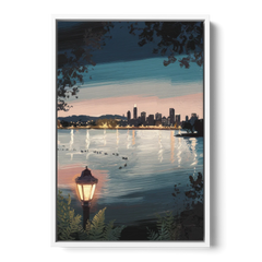 Oakland Lake Merritt Reflection - White Framed Canvas Wall Art - Front