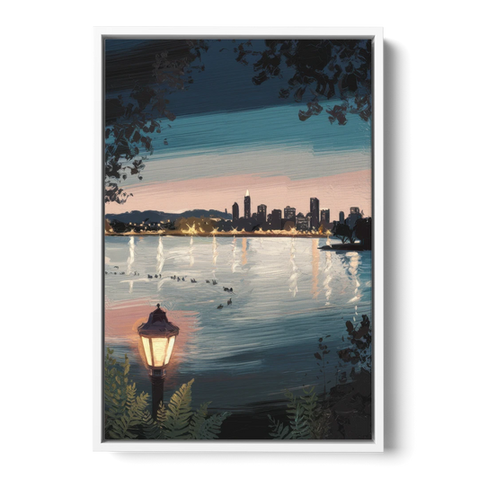 Oakland Lake Merritt Reflection - White Framed Canvas Wall Art - Front