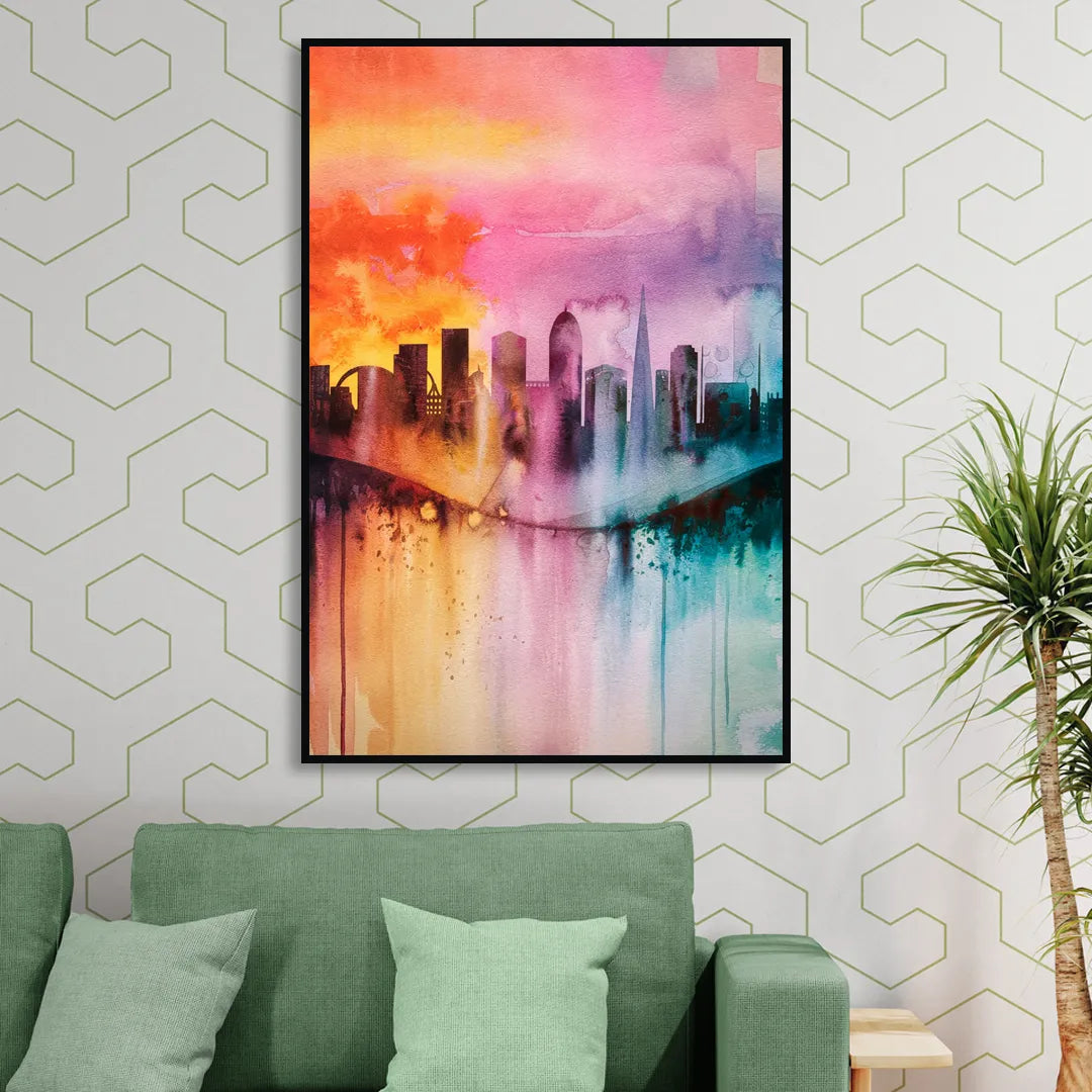 Oakland Skyline Sunset Sitting Room - Black Canvas Wall Art