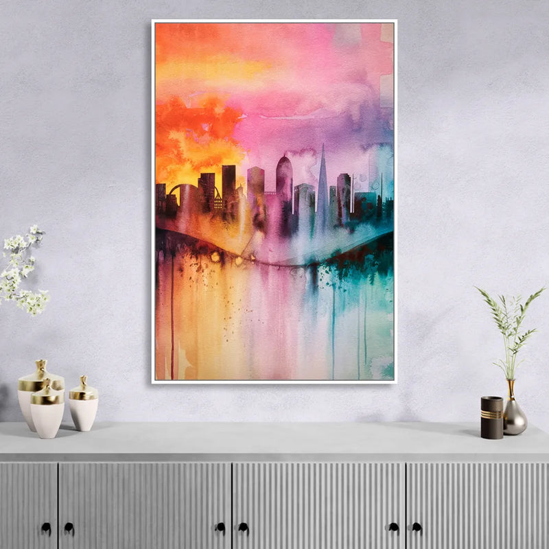 Oakland Skyline Sunset Living Room - White Canvas Wall Art