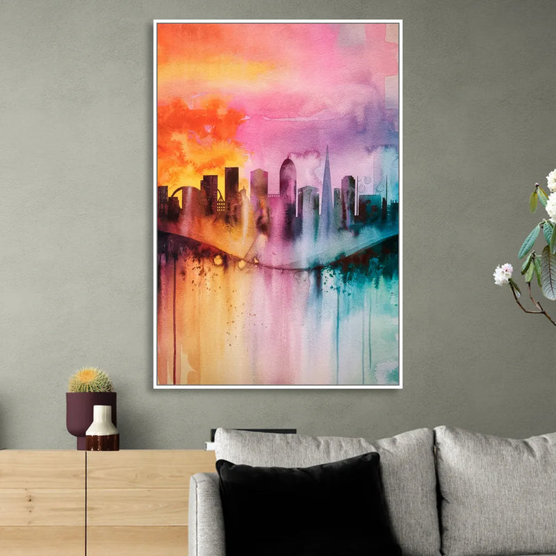 Oakland Skyline Sunset Sitting Room - White Canvas Wall Art