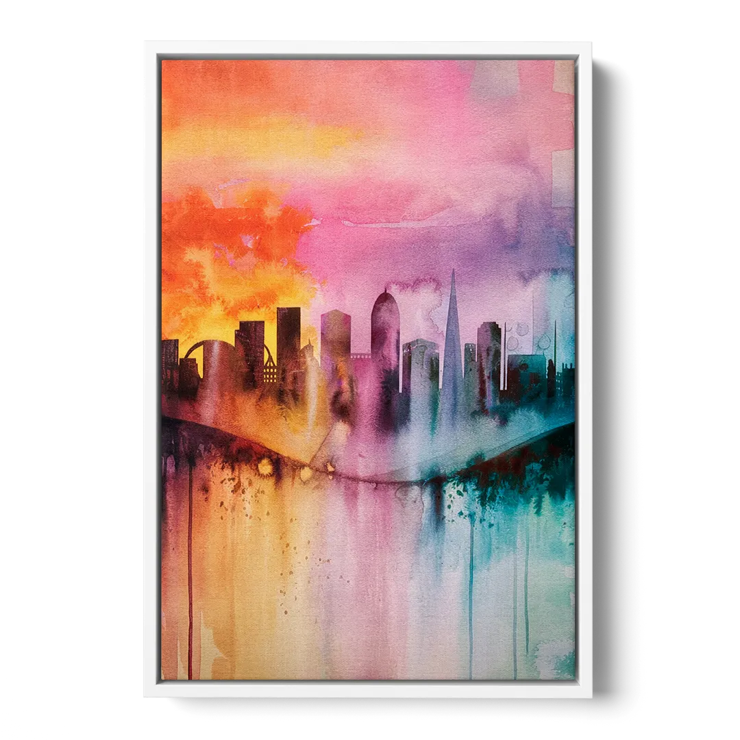 Oakland Skyline Sunset Front - White Canvas Wall Art