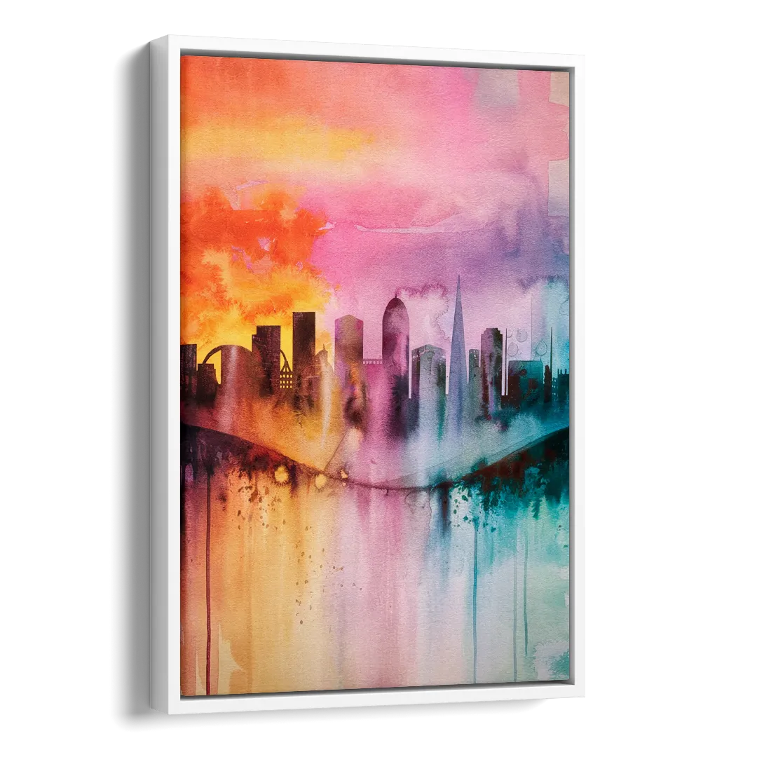 Oakland Skyline Sunset Side - White Canvas Wall Art