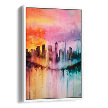 Oakland Skyline Sunset Side - White Canvas Wall Art