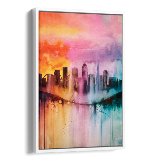 Oakland Skyline Sunset Side - White Canvas Wall Art