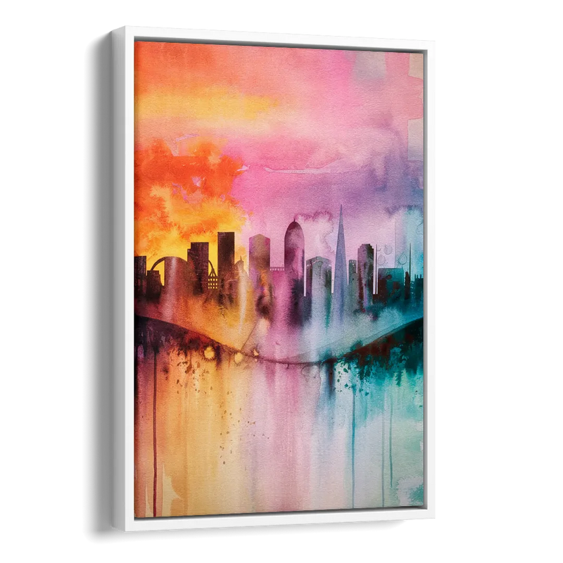 Oakland Skyline Sunset Side - White Canvas Wall Art