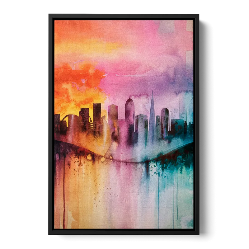 Oakland Skyline Sunset Front - Black Canvas Wall Art