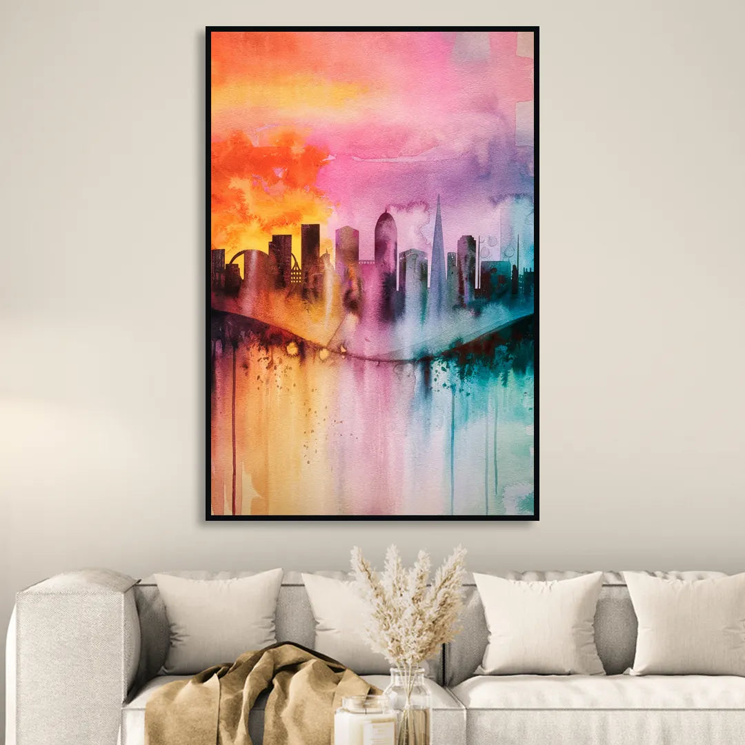Oakland Skyline Sunset Living Room - Black Canvas Wall Art